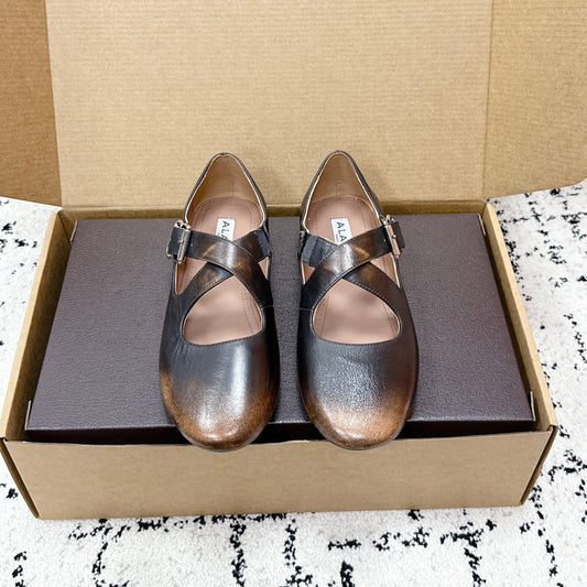 ALAIA 26S CROSS-STRAP BALLET FLATS IN MOTTLED DARK BROWN LAMBSKIN