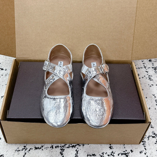 ALAIA 26S CROSS-STRAP BALLET FLATS IN SILVER LAMBSKIN