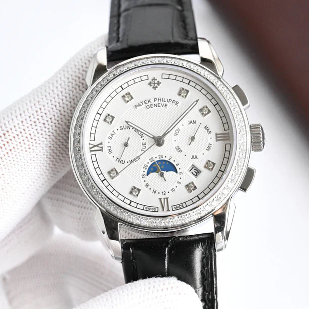 Patek Philippe Annual Calendar 42mm Diamond Benzel Black Leather Strap