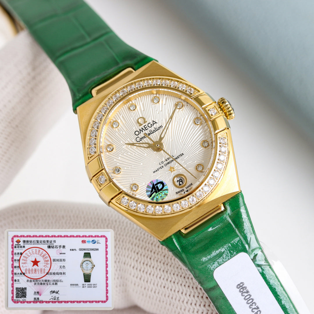 Omega Constellation 29mm Diamond Bezel Crocodile Leather