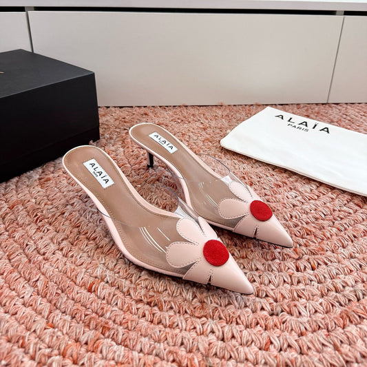 ALAIA 26S POINTED-TOE MULE HEELS IN NUDE PINK LAMBSKIN AND TRANSPARENT PVC