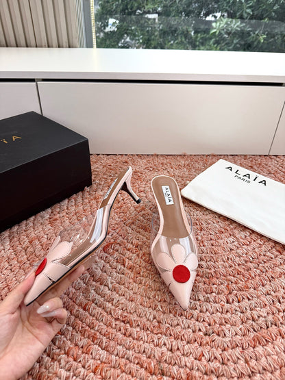 ALAIA 26S POINTED-TOE MULE HEELS IN NUDE PINK LAMBSKIN AND TRANSPARENT PVC