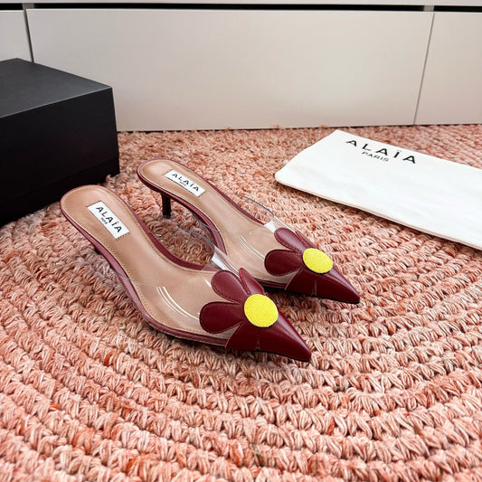 ALAIA 26S POINTED-TOE MULE HEELS IN DARK RED LAMBSKIN AND TRANSPARENT PVC