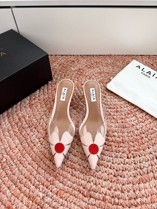 ALAIA 26S MULE HEELS IN NUDE PINK LAMBSKIN AND TRANSPARENT PVC
