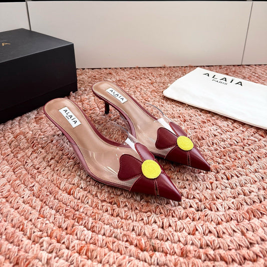ALAIA 26S MULE HEELS IN DARK RED LAMBSKIN AND TRANSPARENT PVC