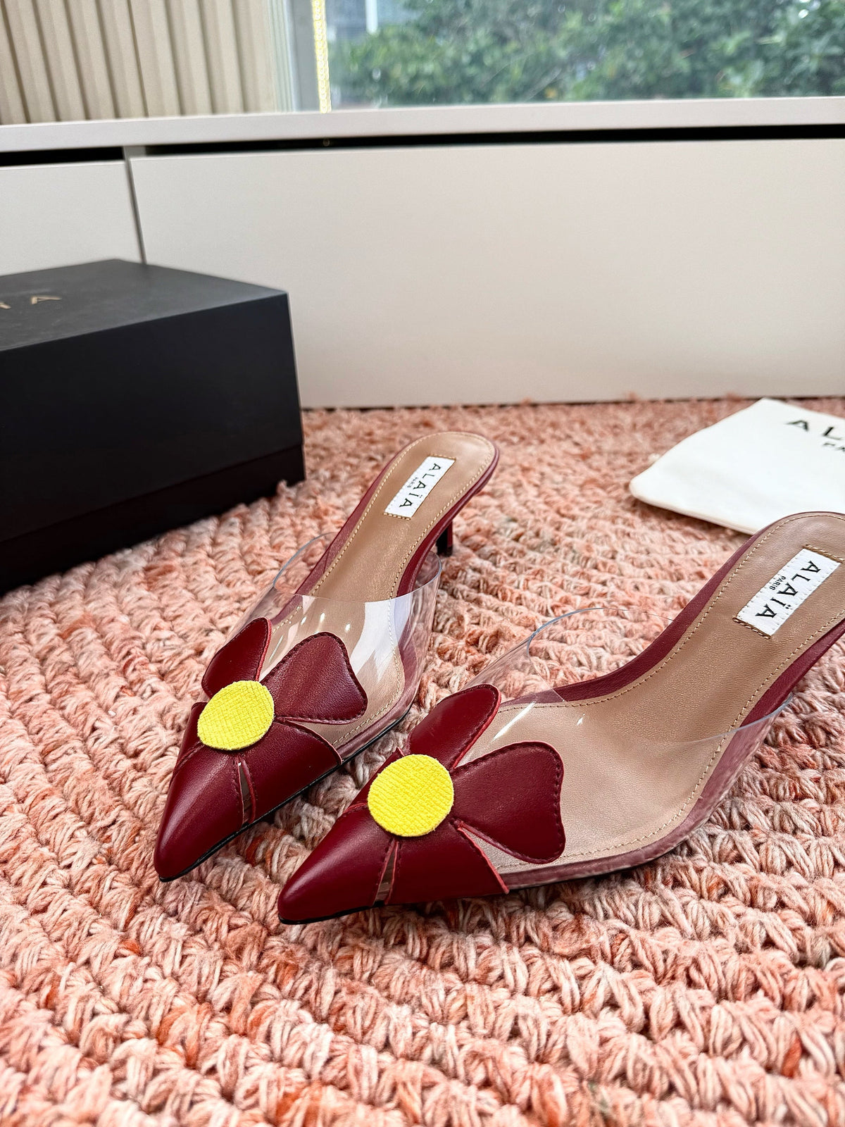 ALAIA 26S MULE HEELS IN DARK RED LAMBSKIN AND TRANSPARENT PVC