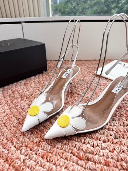 ALAIA 26S POINTED-TOE SLINGBACK HEELS IN WHITE LAMBSKIN AND TRANSPARENT PVC