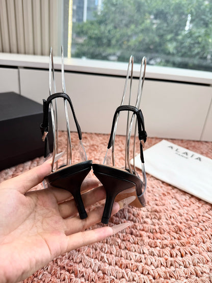 ALAIA 26S POINTED-TOE SLINGBACK HEELS IN BLACK LAMBSKIN AND TRANSPARENT PVC