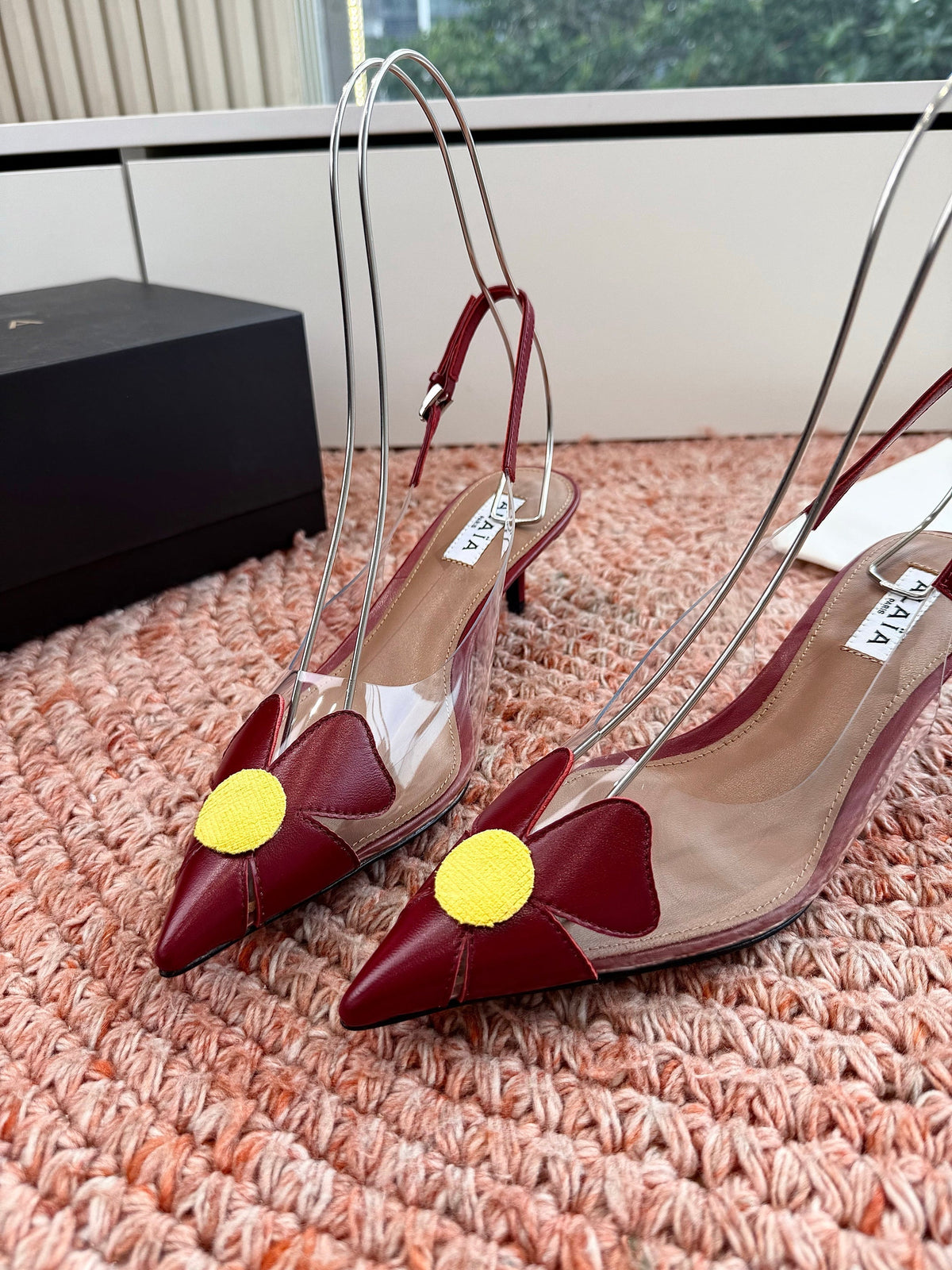ALAIA 26S SLINGBACK HEELS IN DARK RED LAMBSKIN AND TRANSPARENT PVC