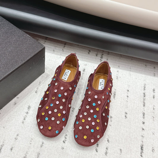 ALAIA 26S EMBELLISHED FLATS IN BROWN SUEDE