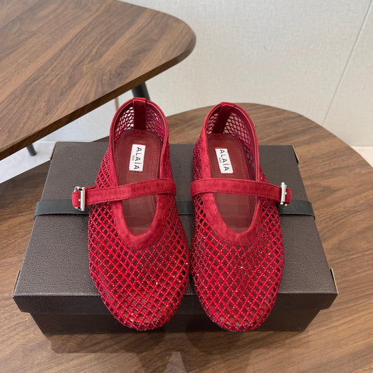 ALAIA 26S MESH FLATS IN DARK RED SUEDE RHINESTONE-EMBELLISHED