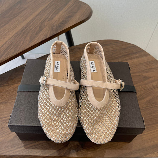 ALAIA 26S MESH FLATS IN BEIGE SUEDE RHINESTONE-EMBELLISHED