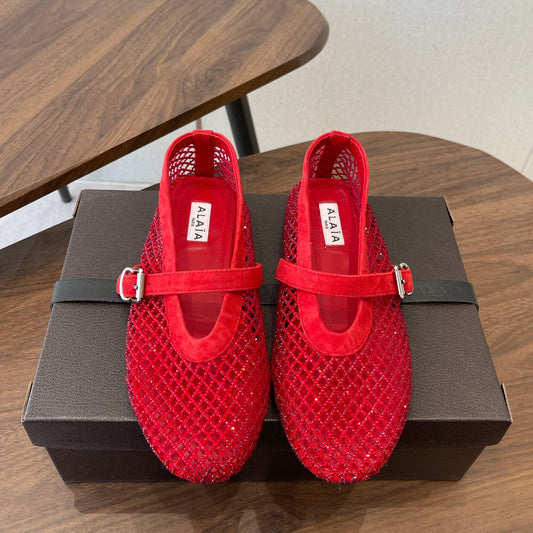 ALAIA 26S MESH FLATS IN RED SUEDE RHINESTONE-EMBELLISHED