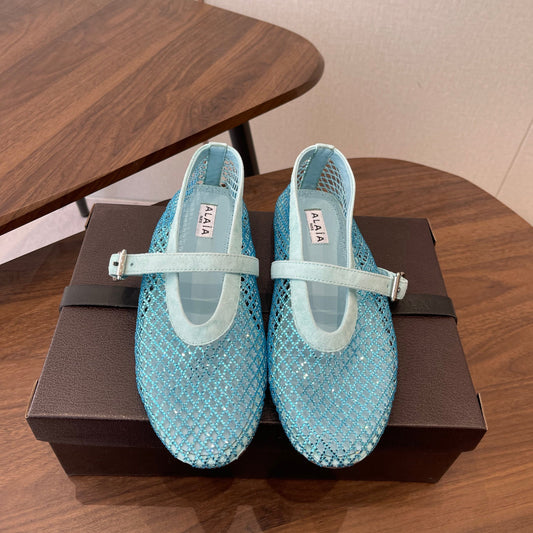 ALAIA 26S MESH FLATS IN BLUE SUEDE RHINESTONE-EMBELLISHED
