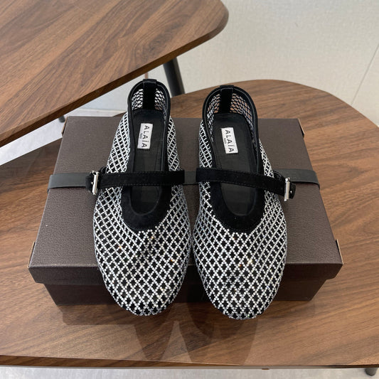 ALAIA 26S MESH FLATS IN BLACK SUEDE AND WHITE RHINESTONE-EMBELLISHED