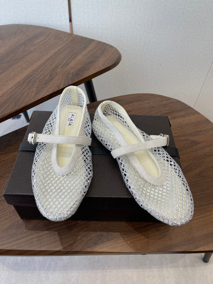 ALAIA 26S MESH FLATS IN WHITE SUEDE RHINESTONE-EMBELLISHED