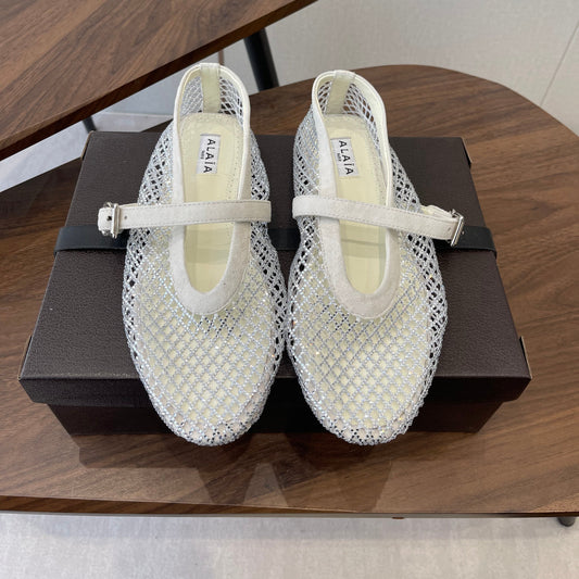 ALAIA 26S MESH FLATS IN WHITE SUEDE RHINESTONE-EMBELLISHED