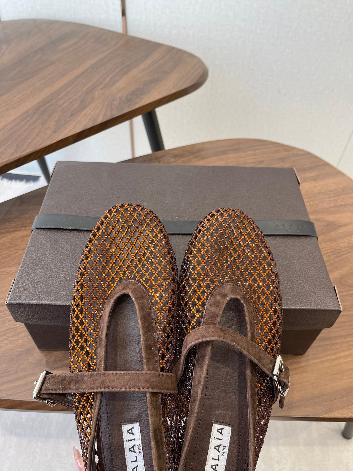 ALAIA 26S MESH FLATS IN DARK BROWN SUEDE RHINESTONE-EMBELLISHED