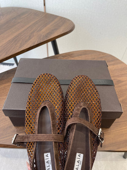 ALAIA 26S MESH FLATS IN DARK BROWN SUEDE RHINESTONE-EMBELLISHED
