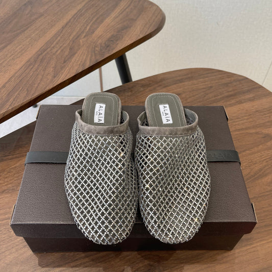 ALAIA 26S FLAT MULES IN DARK GREY SUEDE AND MESH RHINESTONE-EMBELLISHED