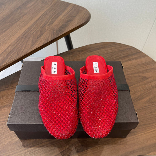 ALAIA 26S FLAT MULES IN RED SUEDE AND MESH RHINESTONE-EMBELLISHED