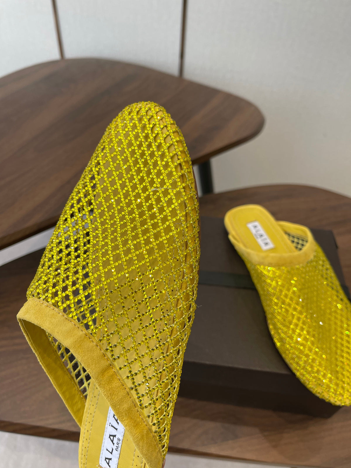 ALAIA 26S FLAT MULES IN DARK YELLOW SUEDE AND MESH RHINESTONE-EMBELLISHED
