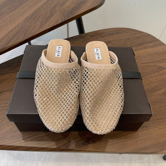 ALAIA 26S FLAT MULES IN BEIGE SUEDE AND MESH RHINESTONE-EMBELLISHED
