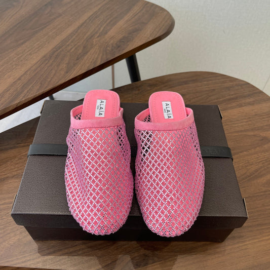 ALAIA 26S FLAT MULES IN PINK SUEDE AND MESH RHINESTONE-EMBELLISHED