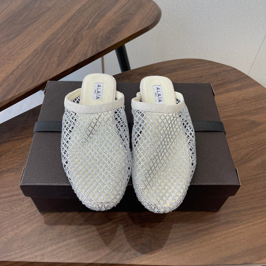 ALAIA 26S FLAT MULES IN CREAM WHITE SUEDE AND MESH RHINESTONE-EMBELLISHED