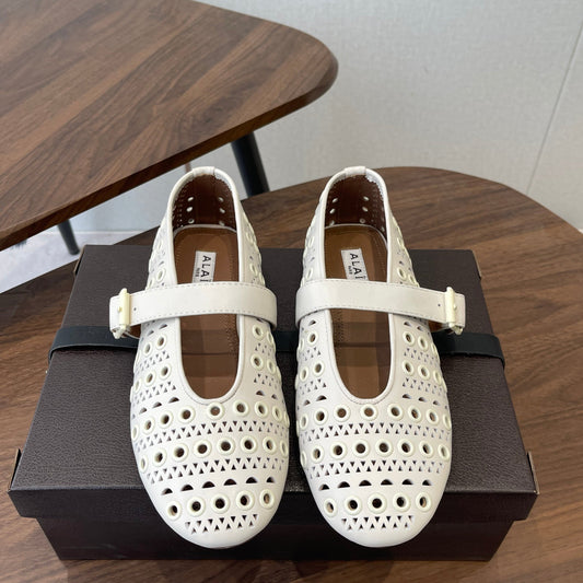 ALAIA 26S MARY JANE FLATS IN WHITE LAMBSKIN