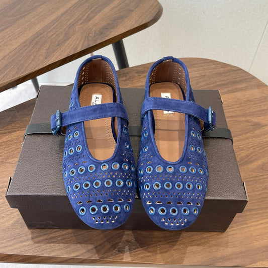 ALAIA 26S MARY JANE FLATS IN DARK BLUE SUEDE