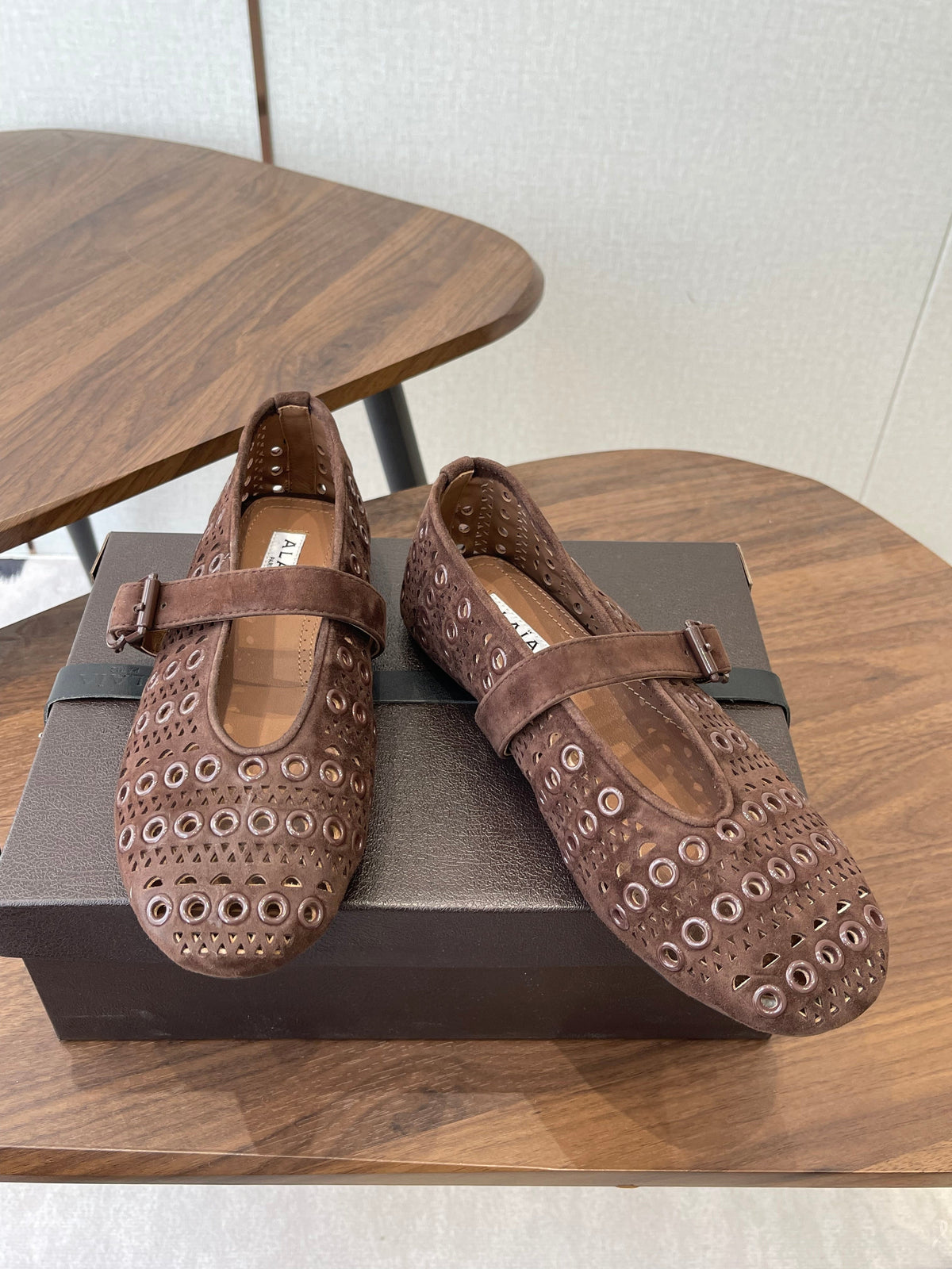 ALAIA 26S MARY JANE FLATS IN DARK BROWN SUEDE STYLE 1