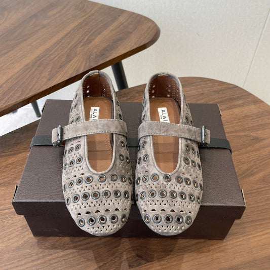 ALAIA 26S MARY JANE FLATS IN GREIGE BROWN SUEDE