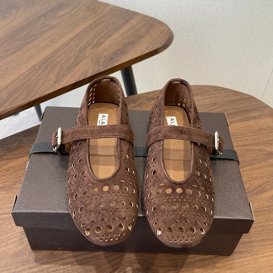ALAIA 26S MARY JANE FLATS IN DARK BROWN SUEDE