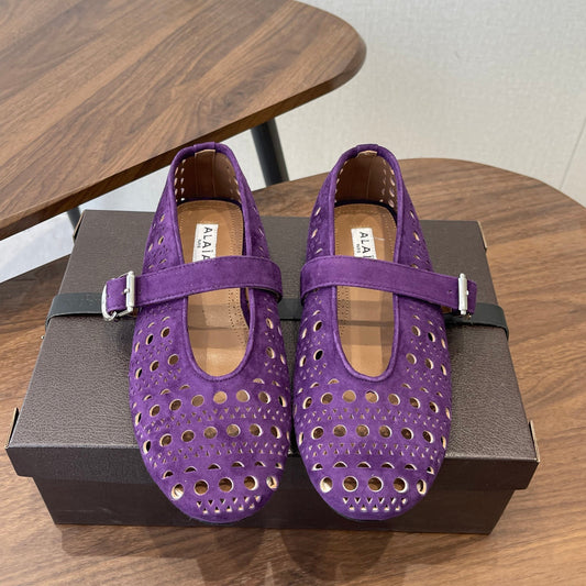 ALAIA 26S MARY JANE FLATS IN DARK PURPLE SUEDE