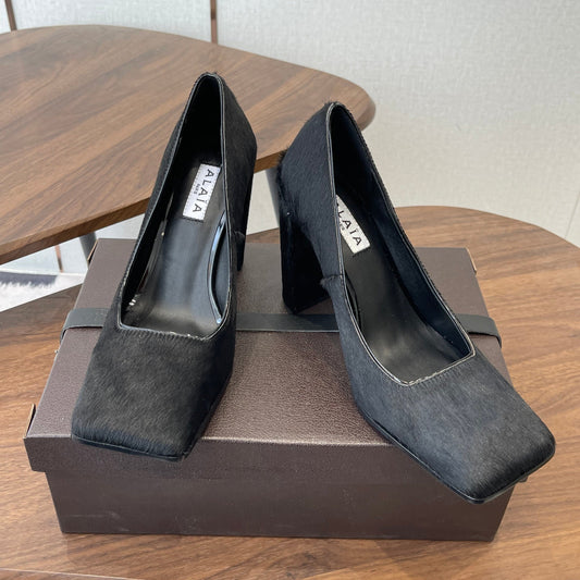 ALAIA 26S SQUARE-TOE HIGH HEELS 95 MM IN BLACK PONY HAIR