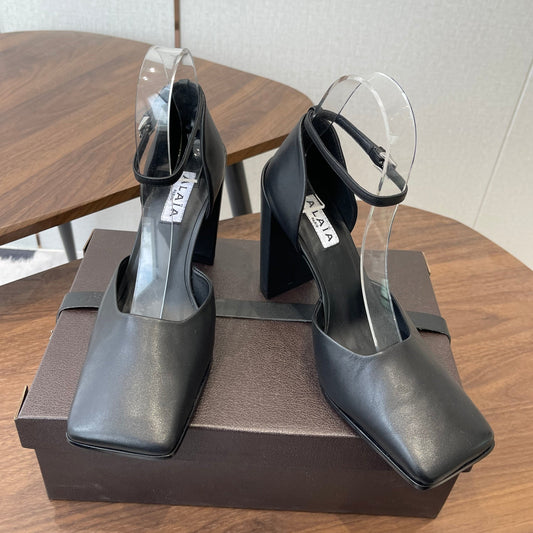 ALAIA 26S SQUARE-TOE HIGH HEELS 95 MM IN BLACK CALFSKIN