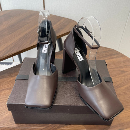 ALAIA 26S SQUARE-TOE HIGH HEELS 95 MM IN DARK BROWN CALFSKIN