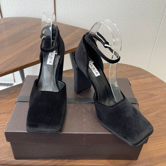 ALAIA 26S SQUARE-TOE HIGH HEELS 95 MM IN BLACK SUEDE
