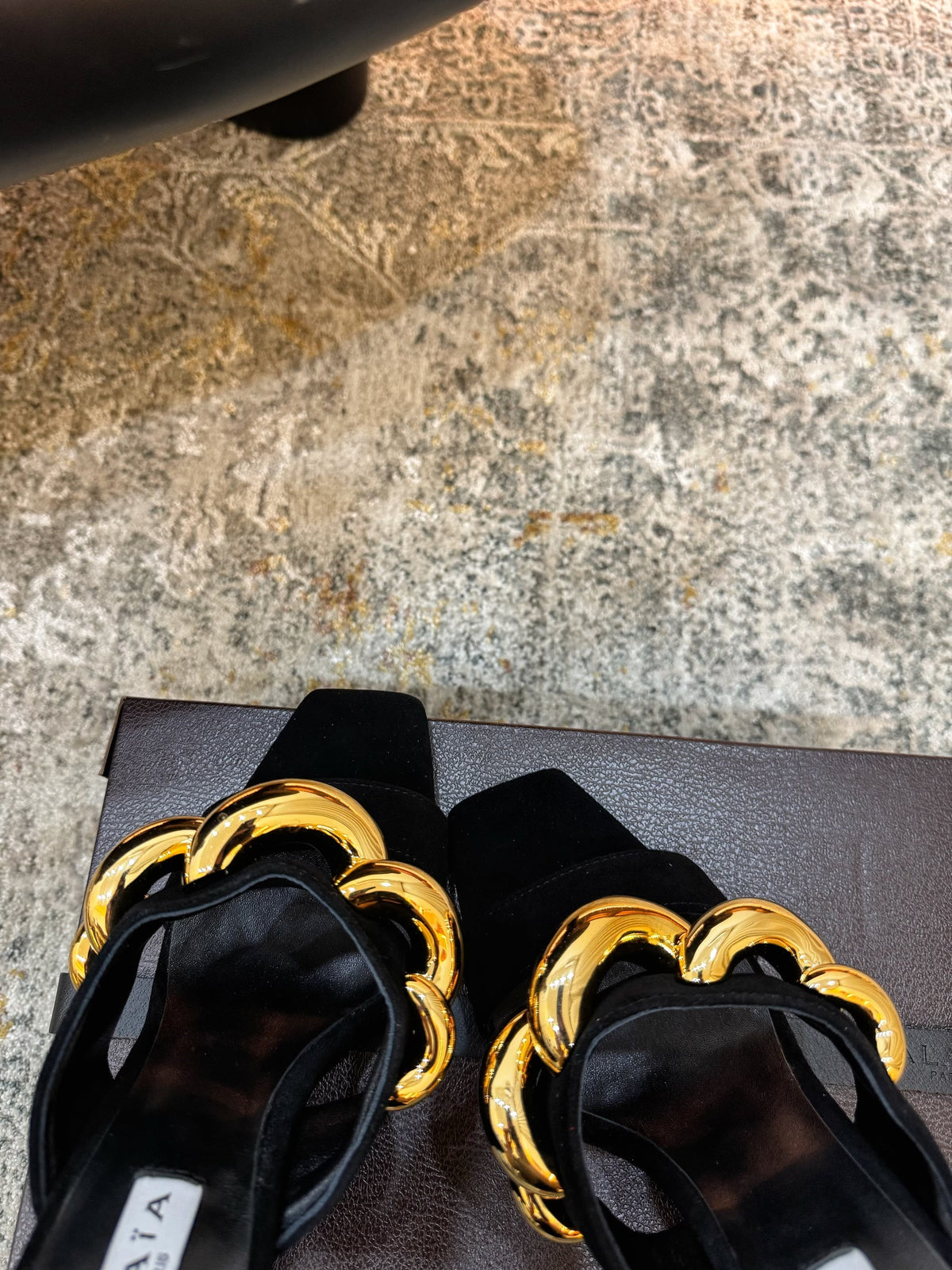 ALAIA 26S DOUBLE STRAP WEDGE SANDALS 110 MM IN BLACK SUEDE WITH GOLD HARDWARE