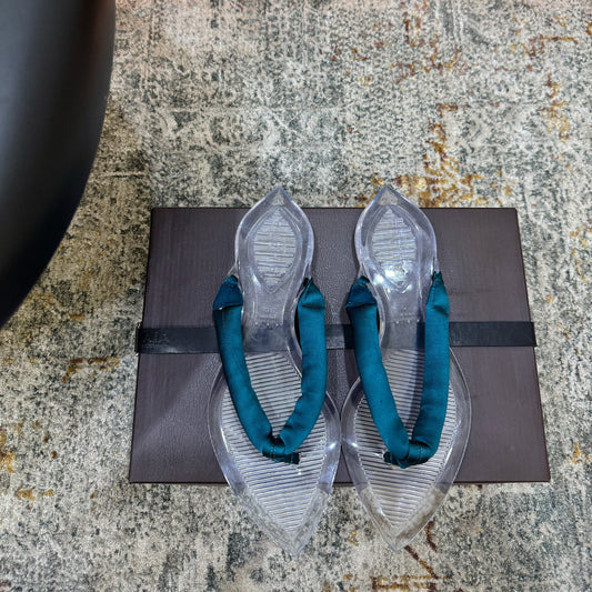 ALAIA 26S THONG SANDALS IN TEAL BLUE SATIN AND TRANSPARENT PVC