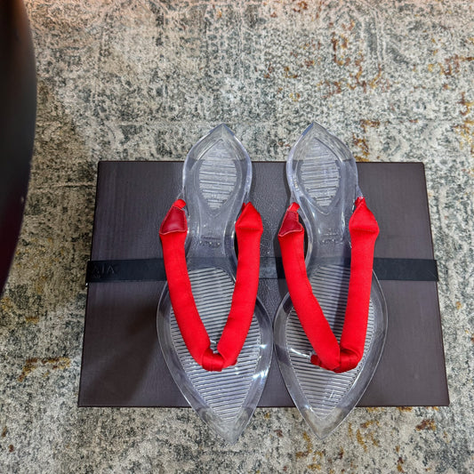 ALAIA 26S THONG SANDALS IN RED SATIN AND TRANSPARENT PVC