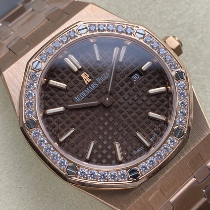 Audemars Piguet Royal Oak 33mm Pink Gold Case Brown Dial Diamond Bezel