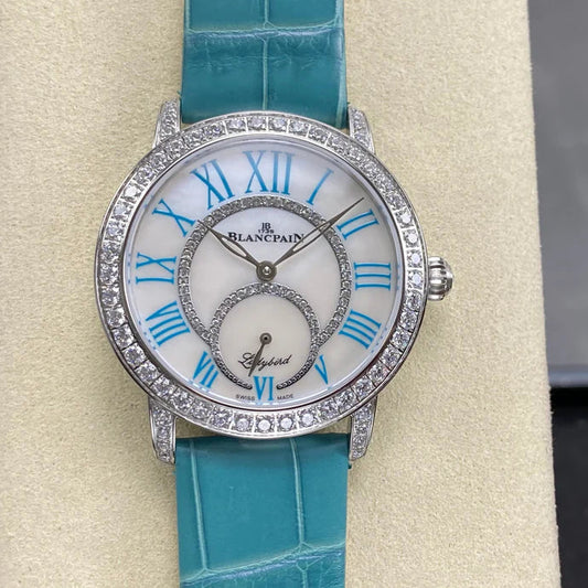 Blancpain's Ladybird 35mm White Blue Dial Diamond Bezel Crocodile Leather