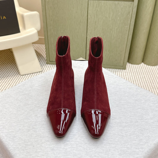 ALAIA 26S ANKLE BOOTS IN DARK RED SUEDE AND GLOSSY CALFSKIN