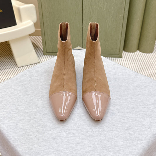ALAIA 26S ANKLE BOOTS IN DARK BEIGE SUEDE AND GLOSSY CALFSKIN
