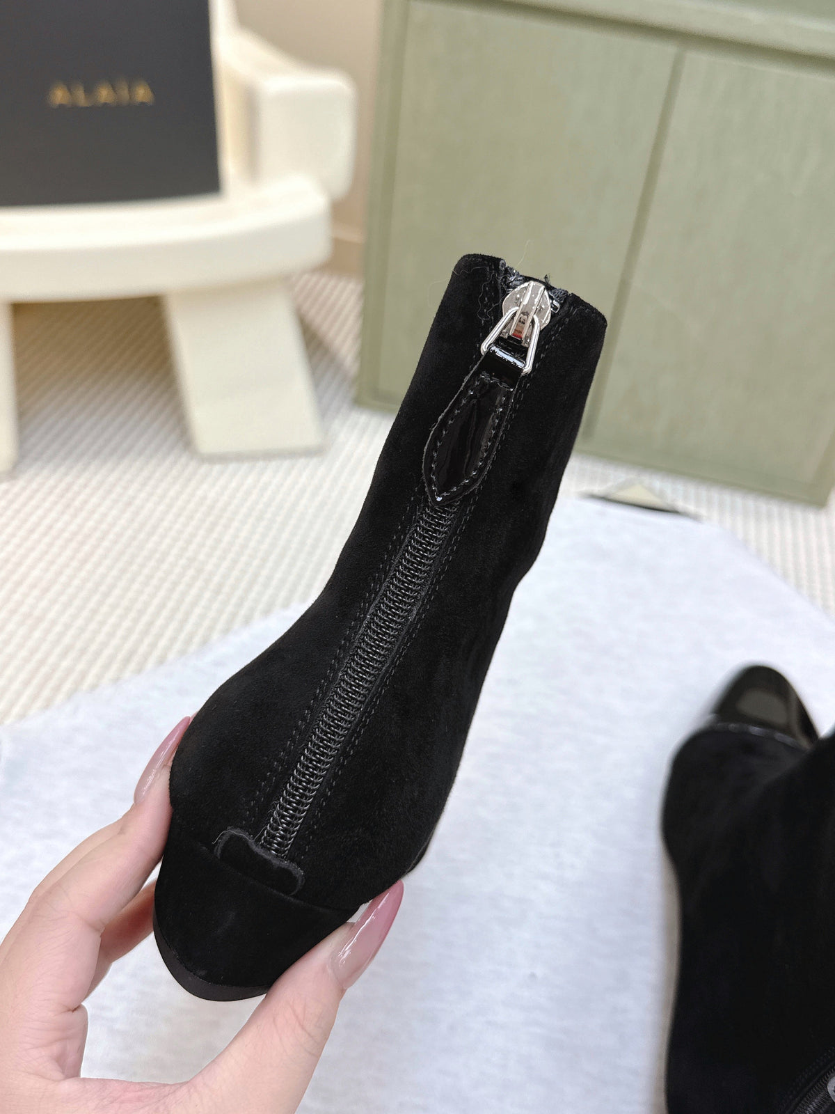 ALAIA 26S ANKLE BOOTS IN BLACK SUEDE AND GLOSSY CALFSKIN