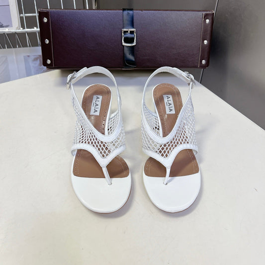 ALAIA 26S MESH THONG HEELS 55 MM IN WHITE PATENT CALFSKIN