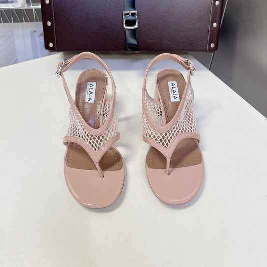 ALAIA 26S MESH THONG HEELS 55 MM IN PALE PINK PATENT CALFSKIN