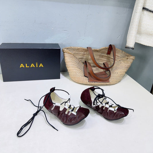 ALAIA 26S LACE-UP BALLET FLATS IN MERLOT RED LAMBSKIN AND SUEDE